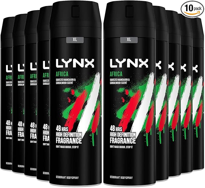 Lynx Africa Deodorant for Men, Body Spray, Deodorant Spray with 48 Hours High Definition Fragrance of Geranium and Vanilla Scent, 200ml (Pack of 10)