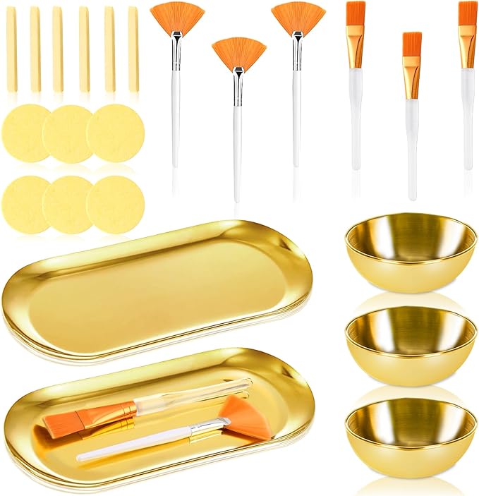 22 PCS Esthetician Facial Supplies Set 3 Stainless Steel Gold Face Mask Bowl 3 Facial Fan Brush 3 Face Mask Applicator Brush Flat Gold Small Skincare Tray 12 Compressed Face Sponges for Salon Spas