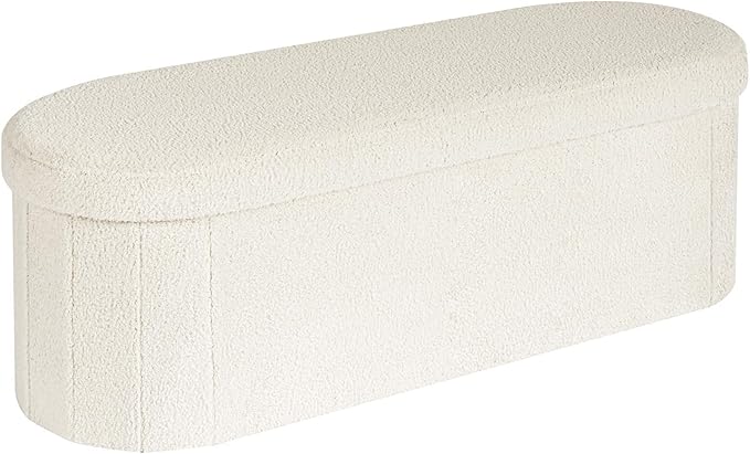 Bonlife Folding Ottoman Storage Bench,Boucle Footstool Oval, End of Bed Stool, Ideal for Living Room, Bedroom, 100L Storage Space,White,110x38x38cm