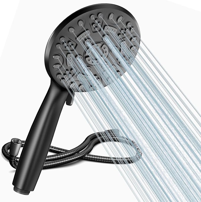 Cobbe Shower Head and Hose, High Pressure Shower Head with 8 Spray Modes, Powerful Bathroom Water Saving Shower Heads Set, Large Universal Flow Rain Showerhead for Low Water Pressure Black
