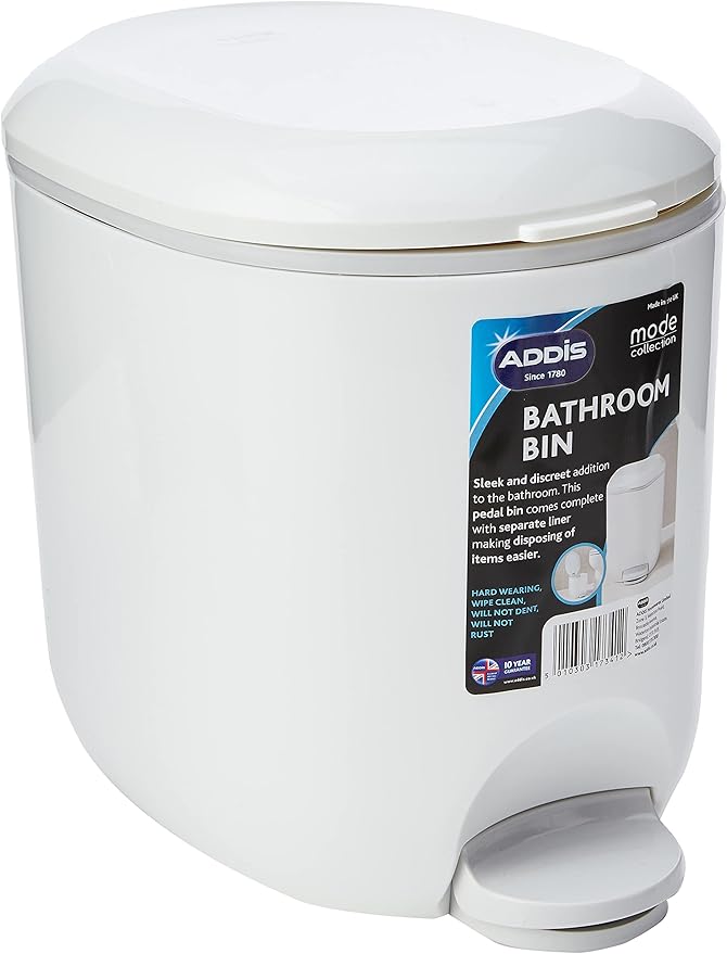 Addis 518503 Premium Deluxe Bathroom Pedal Bin with inner, 3.5 litre, White Grey, 29 x 18.5 x 23cm