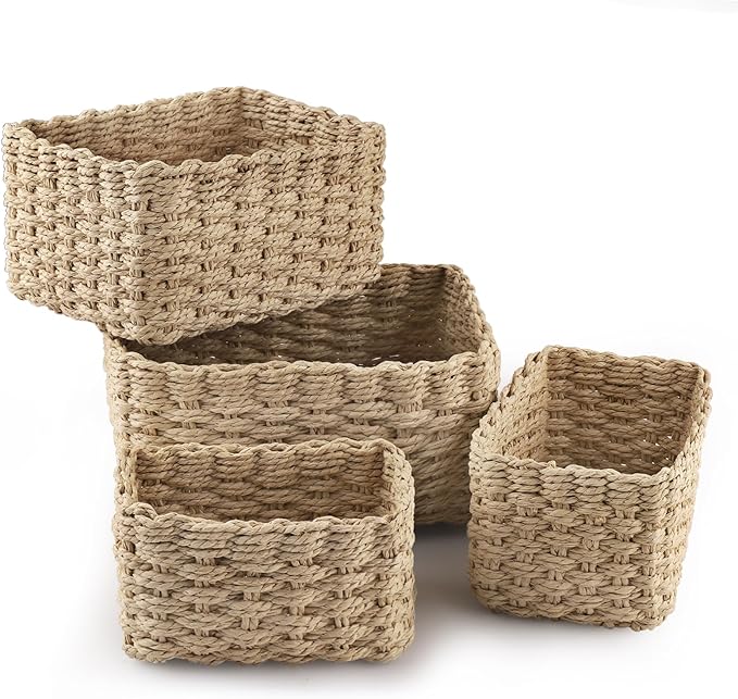 Wicker Basket, Revivoer Set of 4 Small Wicker Hamper for Gifts, Multifunctional Storage Baskets Empty for Bedroom Home Office (Natural)