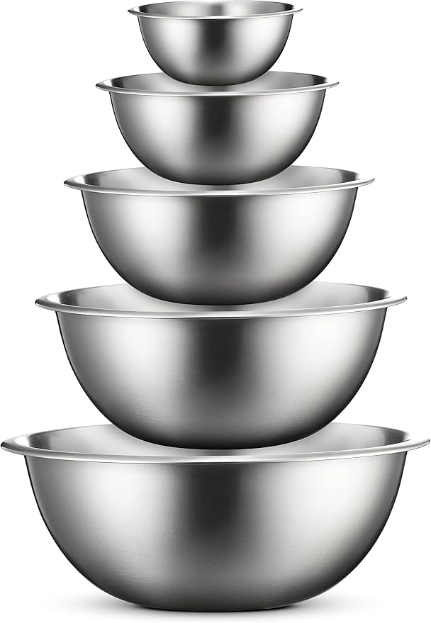 FineDine Mixing Bowls Set - 5-Piece, Easy-Grip, Stainless Steel Mixing Bowls for Baking, Cooking, Salad & Food Prep - Large, Medium and Small Metal Nesting Bowls