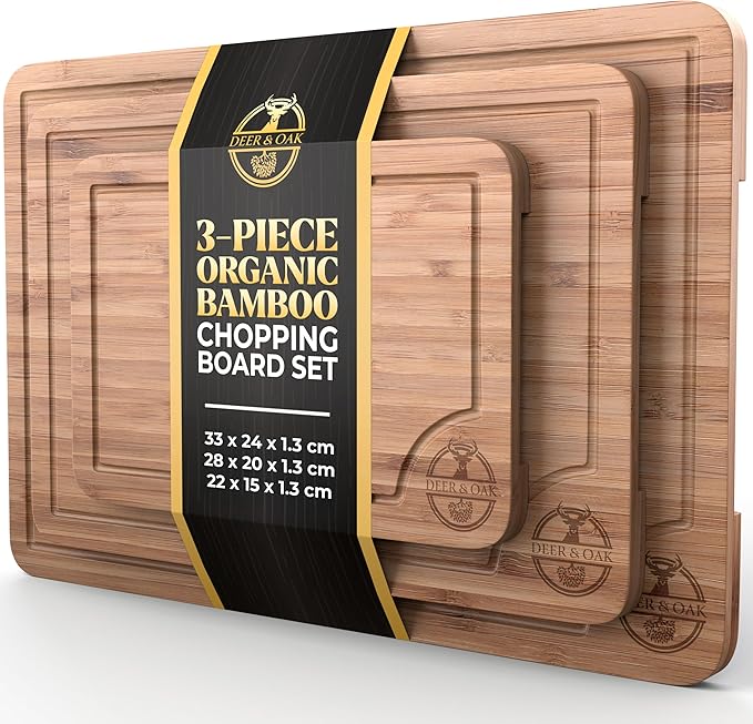 Deer & Oak 3-Piece Bamboo Chopping Board Set, Pre-Oiled Wooden Cutting Chopping Boards for Kitchens 33x24cm, 28x20cm, 22x15cm, with Side Handle and Grooves