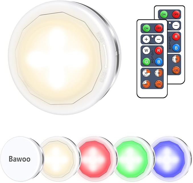 Under Cabinet LED Lights, RGB Wireless Cupboard Lights Puck Lighting 4000K Dimmable Battery Powered with Remote Control for Kitchen Closet, 6 Pack