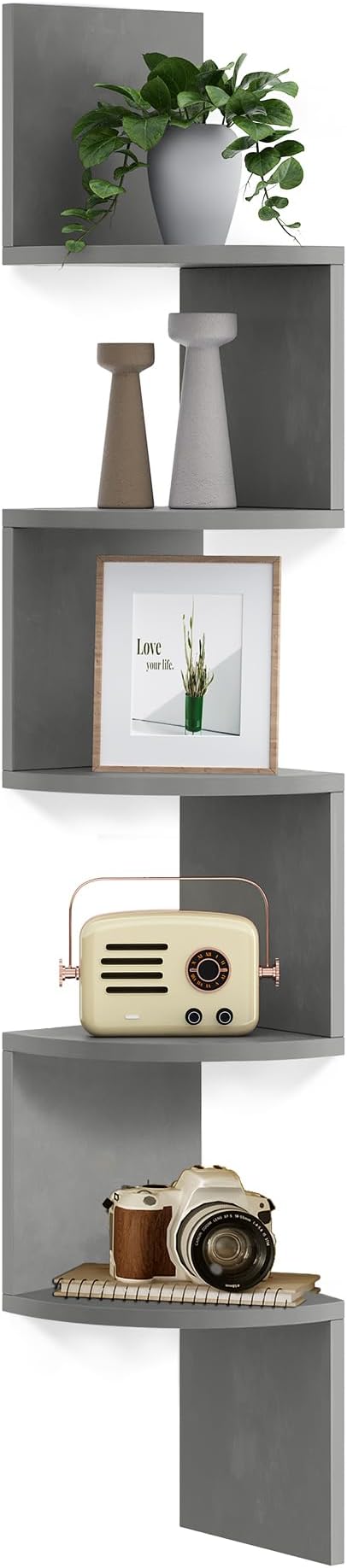 VASAGLE Corner Wall Shelf 5 Tier Storage Shelf Plant Shelf for Bedroom, Living Room, Bathroom, Home Office, Dove Grey