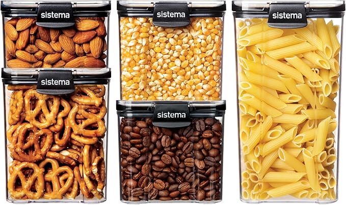 Sistema Ultra Square Airtight Pantry Storage Containers | Assorted Capacity Food Storage Solution | Stackable | Locking Clips | BPA-Free | Clear with Black Accents | 5 Count
