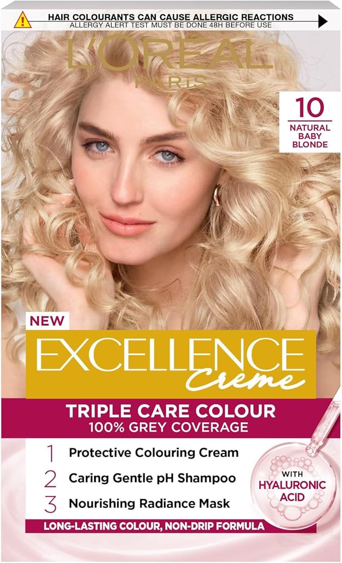 L'Oréal Paris Excellence Crème Permanent Hair Dye, Radiant At-Home Hair Colour with up to 100% Grey Coverage, Pro-Keratin, Up to 8 Weeks of Colour, Colour: 10 Natural Baby Blonde