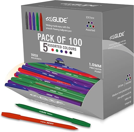 100-Pack Ballpoint Pen Set, 5 Assorted Colours – Medium Point Nib (1.0mm) for Smooth Writing – Multipack Fine Ballpoint Pens for Home, Office, Work, School & Colourful Writing