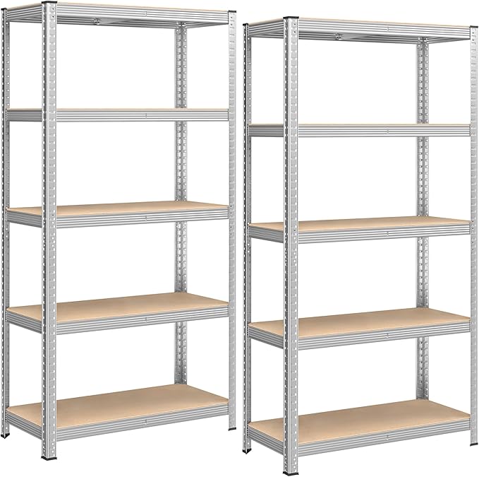 SONGMICS 5-Tier Heavy-Duty Shelving Units, Set of 2 Steel Shelving Units for Storage, Boltless Assembly, for Garage, Shed, Load Capacity 875 kg, 40 x 90 x 180 cm, Silver GLR040E02