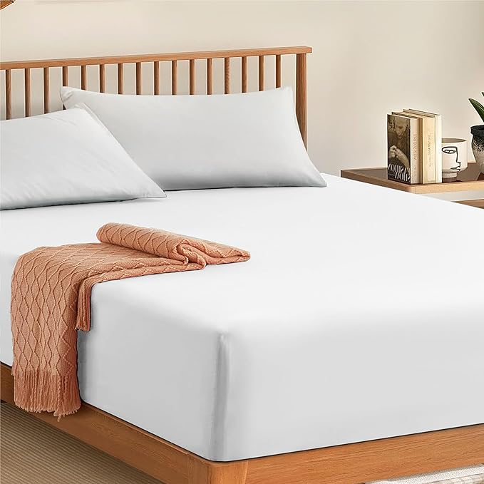Cotton Fitted Sheets King Size - 100% Egyptian Cotton 300TC Hotel Quality 30 cm Fitted Bedsheets (White)