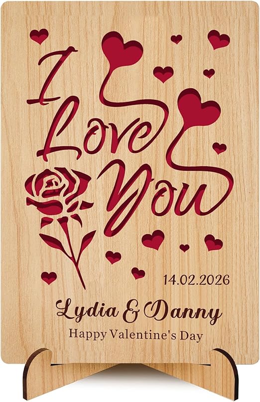 Personalised Wooden Valentines Card Custom Valentines Gifts for Him Her Valentines Day Gifts with Any Name for Women Men Couple Girlfriend Boyfriend Wife Husband Her (Design 1)