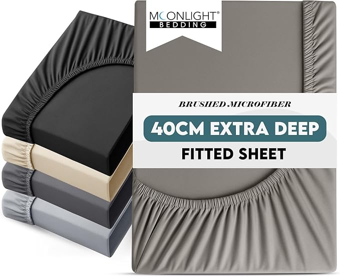 Moonlight Bedding Double Fitted Sheet 40 Cm Extra Deep Pocket Grey Bed Sheets 16 inch Ultra Soft Bottom Sheet Brushed Microfiber Breathable Shrinkage and Fade Resistant