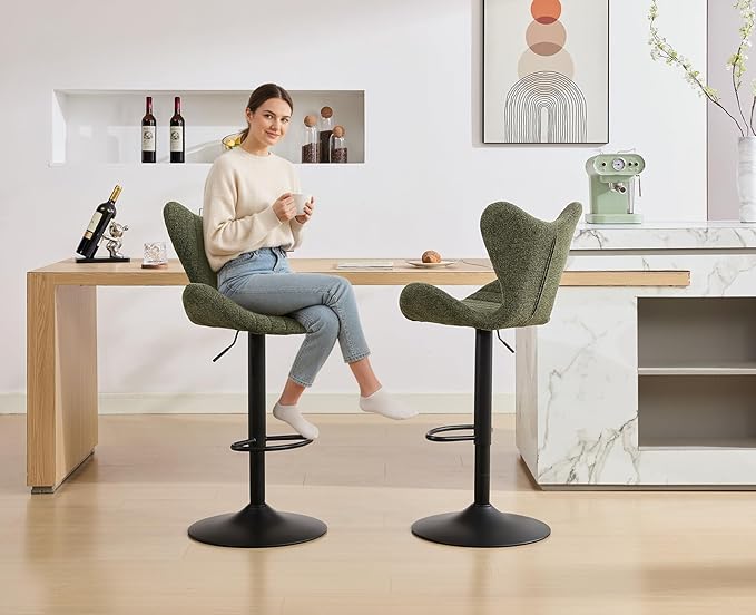 Bar Stools Set of 2, Height Adjustable Swivel Barstools,Upholstered Chenille Breakfast Bar Chairs with Wingback for Kitchen Island Dining Room Green