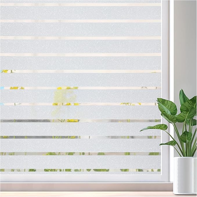 Lifetree Window Film Privacy for Glass Windows 44.5 x 200cm, Frosted Stripe Patterns Static Cling No Glue UV Protection Window Sticker Cover for Home Office