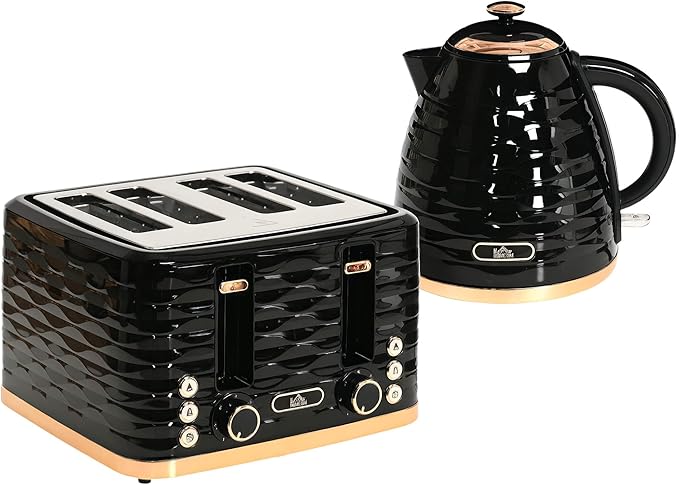 HOMCOM Kettle and Toaster Sets, 3000W 1.7L Rapid Boil Kettle & 4 Slice Toaster with 7 Browning Controls, Defrost, Reheat and Crumb Tray, UK Otter Thermostat, Black