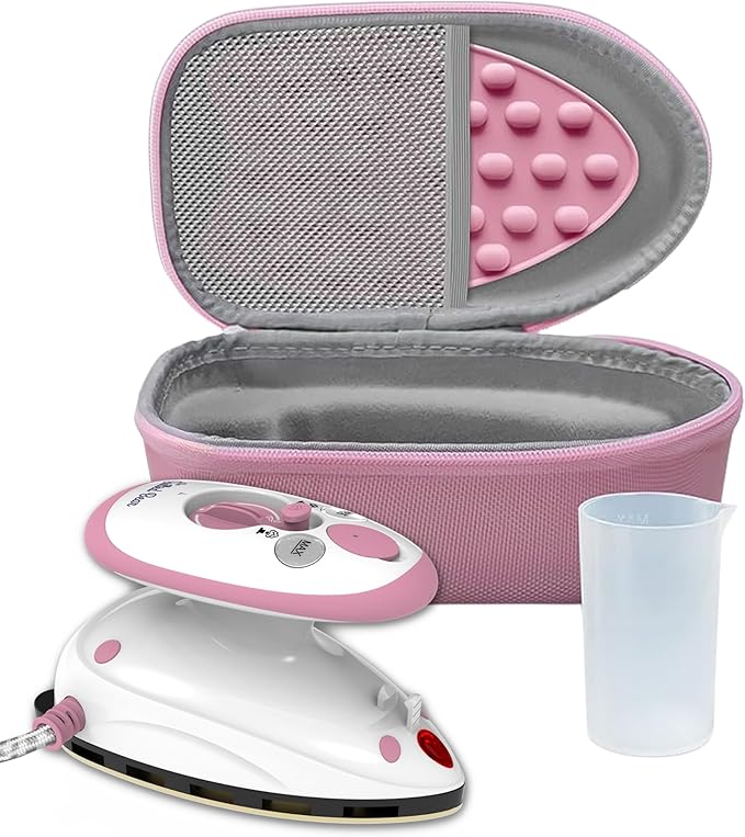 The Quilted Bear Premium Mini Steam Iron - Travel Iron Steam Mini for Effortless Quilting, Crafting, and Wrinkle-Free Clothing - Holiday & Travel Essentials with Hardshell Case & Rest (Pink)