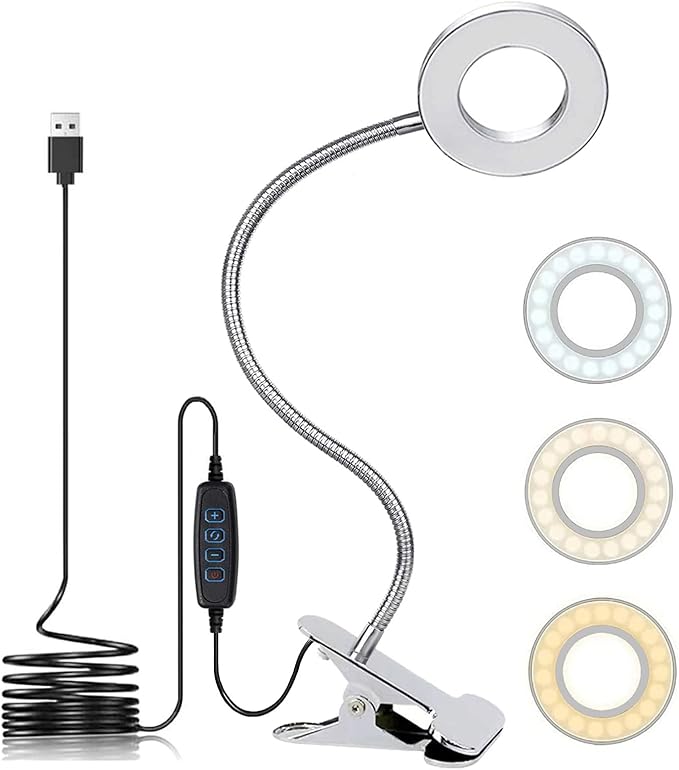USB LED Desk Lamp Clip On Reading Light, 3 Light Modes & 10 Dimmable Brightness Eye Caring Book Lamp, Bedside lamp with Flexible Neck, Adjustable Perfect for Studying & Working (Silver)[Energy Class A]