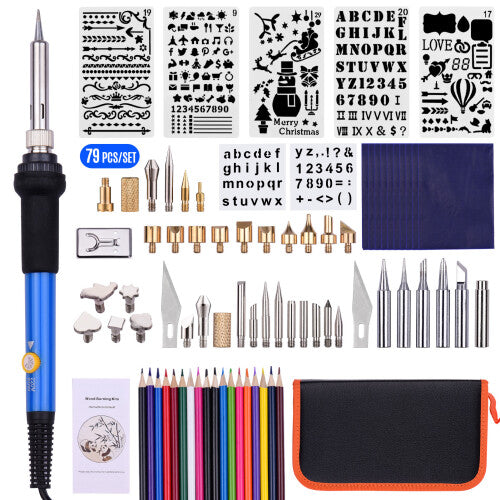 79PCS Wood Burning Tool Kit Professional Pyrography Pen Soldering Iron Set Adjustable Temperature from 200-450 for Beginners Adults Wood B