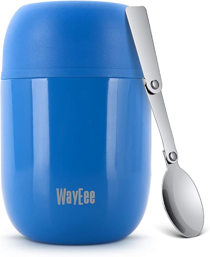 WayEee Food Flask, Stainless Steel King Food Jar with Folding Spoon-450ml (Dark Blue)