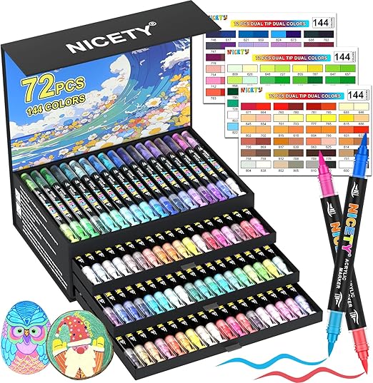 NICETY 144 Colours Acrylic Paint Pens - 72 Pcs Brush Tip Paint Markers for Rock Painting Stone Wood Glass Ceramic - Dual tip Dual Colours Water Based Acrylic Markers pens