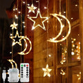 Jsdoin Ramadan LED String Lights - 3.5m Star Moon LED Curtain Lights with 8 Flashing Modes Decoration for Christmas, Wedding, Party, Home, Terrace, Ramadan,Lawn,USB/Battery Powered (Warm White)[Energy Class A]