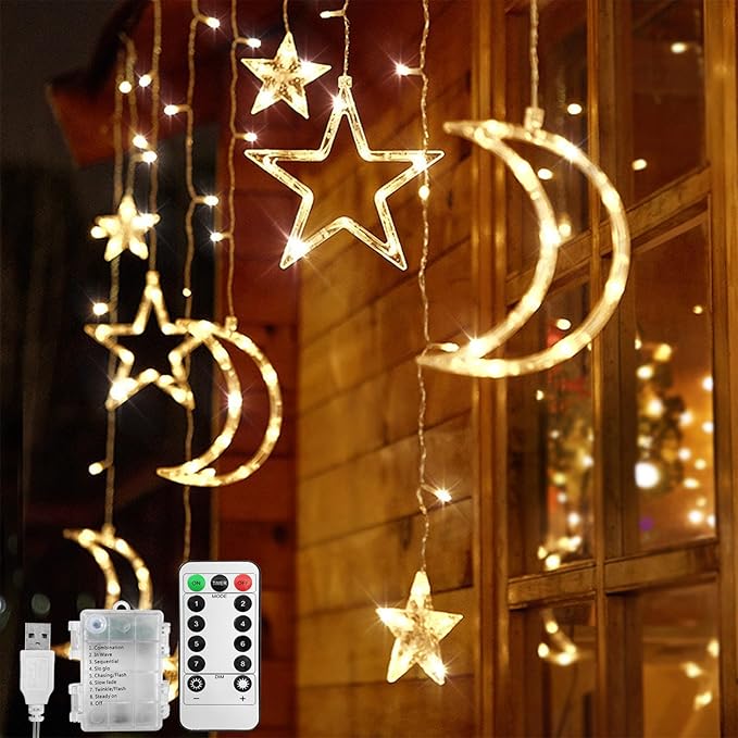 Jsdoin Ramadan LED String Lights - 3.5m Star Moon LED Curtain Lights with 8 Flashing Modes Decoration for Christmas, Wedding, Party, Home, Terrace, Ramadan,Lawn,USB/Battery Powered (Warm White)[Energy Class A]