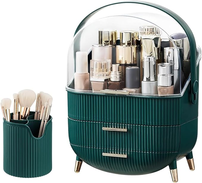 Kousee Multi-Function Make Up Case Dustproof Cosmetic Storage Box, Organizer Skin Care Products Jewelry Organiser Finishing Box for Bedroom Bathroom Desktop, Dark Green
