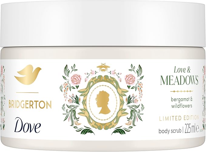 Dove Limited Edition Bridgerton Love & Meadows Body Scrub exfoliating scrub with a bergamot & wildflowers scent for deep nourishment 225 ml