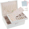 Jewellery Box,2 Layer PU Leather Jewelry Box Organiser with 2 Keys and Cleaning Cloth,Suitable for Rings Earrings Necklaces Bracelets Accessories, Jewellery Box Gifts for Women Girls（White）