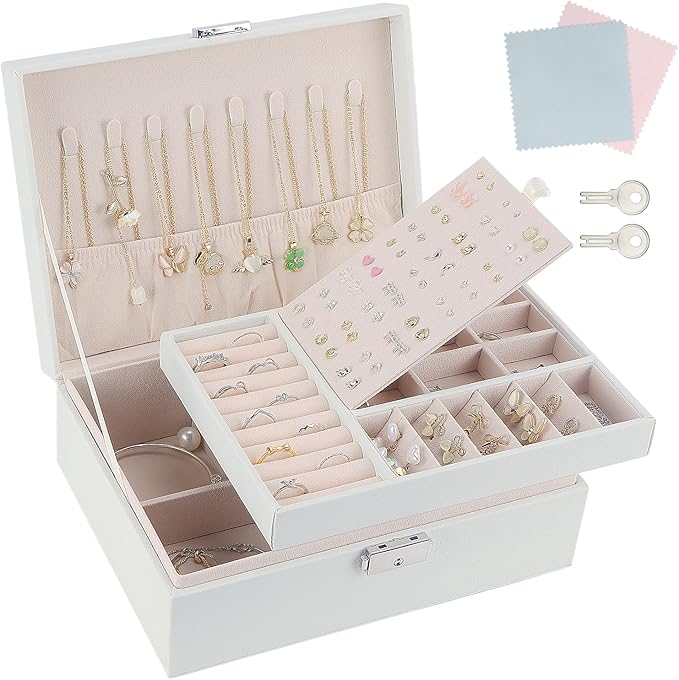 Jewellery Box,2 Layer PU Leather Jewelry Box Organiser with 2 Keys and Cleaning Cloth,Suitable for Rings Earrings Necklaces Bracelets Accessories, Jewellery Box Gifts for Women Girls（White）