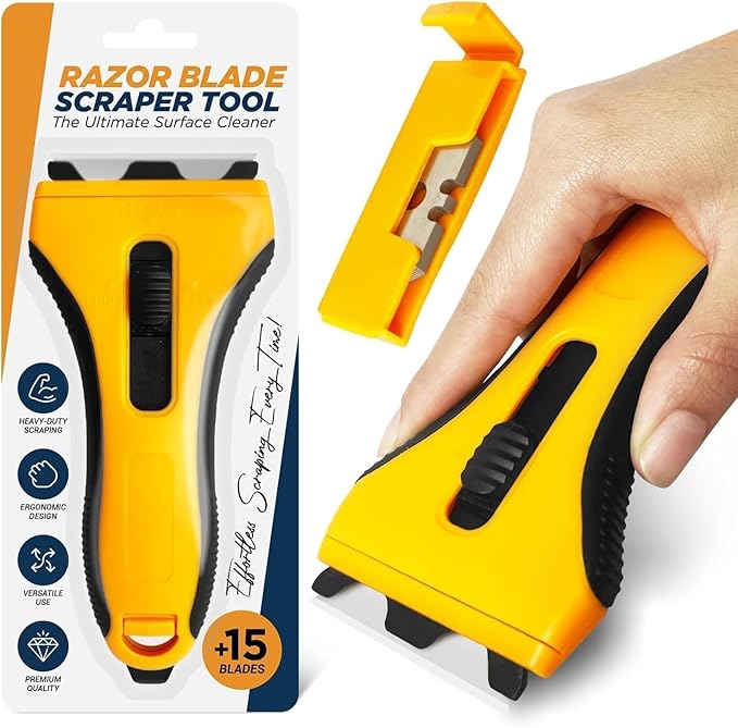 Linda's Essentials Glass Scraper Tool With 15 Extra Blades - Oven Scraper Tool Non Scratch, Razor Blade Scraper For Windows, Paint, Ceramic Hob Scraper for Cleaning, Kitchen Scraper Glass Cleaner
