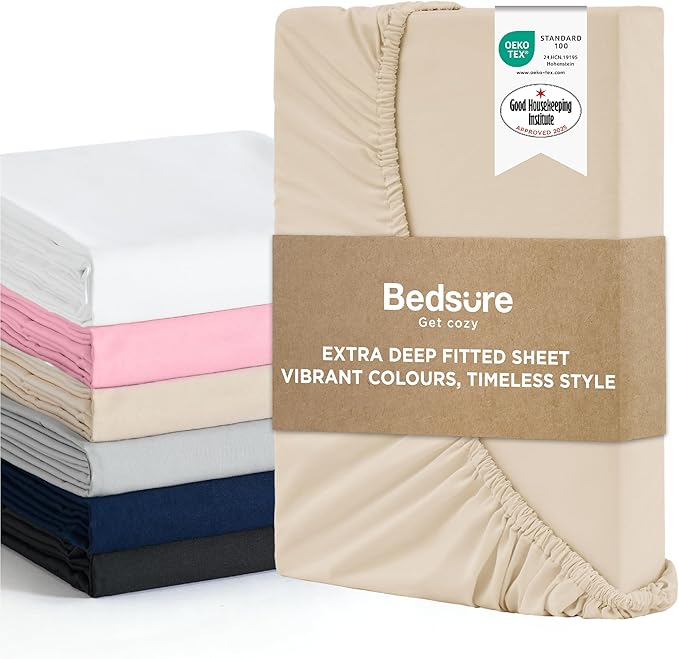 Bedsure Double Fitted Sheet Deep - Bed Sheets Extra Deep Pocket 16 Inches (40 cm), Soft Brushed Polyester Microfiber Material for Double Bed, Beige, 135x190cm