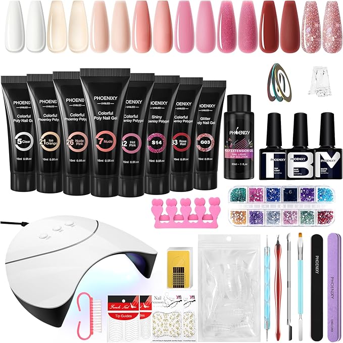 Phoenixy Poly Nail Gel Extensions Kit, 8 Colours Poly Builder Gel Nail Kit with 36W U V/LED Lamp Extension Gift Set for Nail Art Lovers