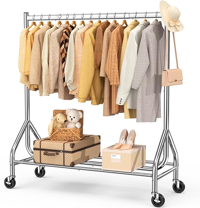 EAGMAK Heavy Duty Clothes Rail Load 180 KG, Rolling Garment Rail with Lockable Wheels, Standing Metal Clothing Rack, Portable Rack Sturdy Coat Hanging Rail for Hanging Clothes (Silver, 120×48×160 cm)