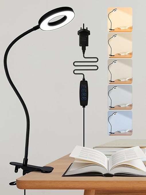 Desk Lamp,5 Colors+10 Brightness Reading Lamp LED Desk Light,550lm Bright Clip on Light, USB LED Lamp with Adapter, 360°Adjustable Reading Lights for Books in Bed, Bedside Table, Study, Craft[Energy Class F]