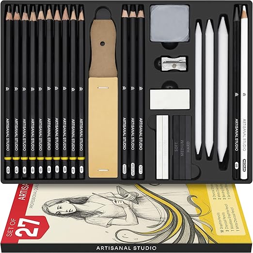 Sketching Pencils Set of 27 Pcs - Drawing Pencils for Artists and Professionals, Graphite & Charcoal Art Set with Blending Stumps, Sandpaper, Erasers & Sharpener
