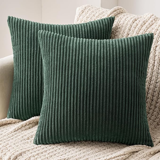 MIULEE Set of 2 Striped Corduroy Square Throw Pillow Case Soft Cushion Cover Sham Home for Sofa Chair Couch/Bedroom Decorative Fluffy Large Pillowcases 18x18 Inch 45x45cm Dark green