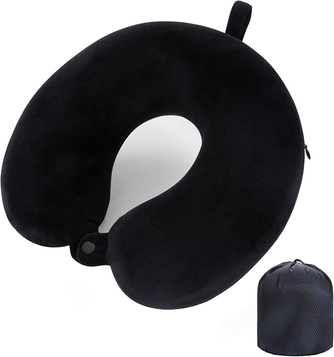 Travel Pillow Neck Pillow Memory Foam Pillows Head Support Cushion for Airplane Train Car Office Travel Essential Flight Pillows for a Long Hauls Sleeping Rest (Dark Black)