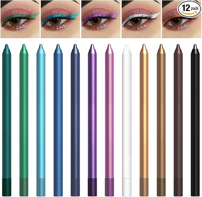 12 Colorful Eyeliner Pencils, Rainbow Colors, Matte Finish, Long-lasting & Waterproof, Smudge-Proof, Christmas & Masquerade Makeup (12PCS-Eyeliner Pencils)
