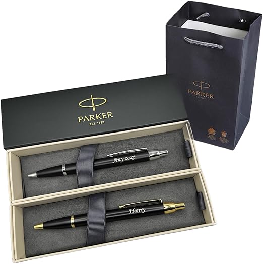 Personalised Engraved Premium Parker Stainless Steel Gold or Silver Trim Ballpoint Pen with Black Ink, Classy Gift Box and gift bag Custom Gift for Christmas, for Men and Women Enter Your Custom Text