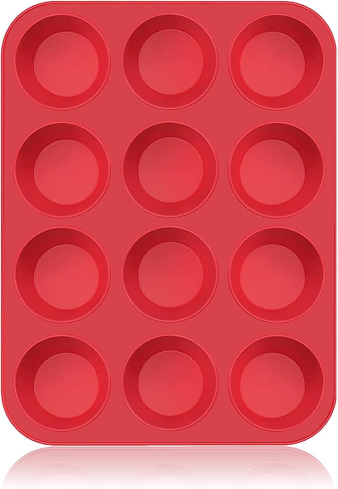 SUPER KITCHEN Large Muffin Tray 12 Cup Silicone Muffin Pan, Non-Stick Muffin Cupcake Tin, Baking Mould for Muffins or Cupcakes, Bakeware 33 x 25 x 3 cm (Red)