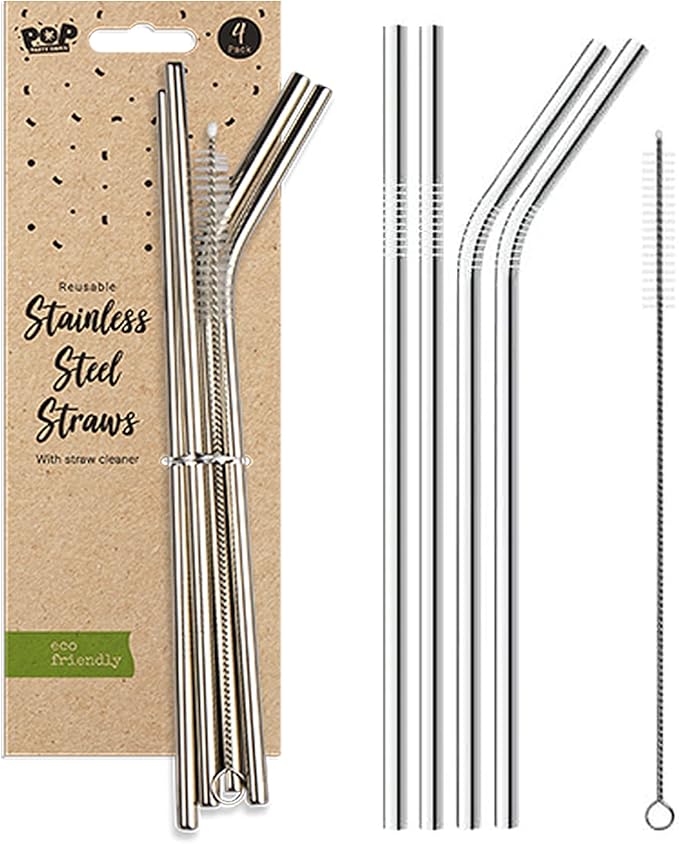 4 x Metal Stainless Steel Reusable Drinking Straws Eco Friendly + Cleaning Brush Party Summer Use Birthday Smoothie Milk Shake Water Juice Silver Bent & Straight Straws UK Free P&P