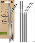 4 x Metal Stainless Steel Reusable Drinking Straws Eco Friendly + Cleaning Brush Party Summer Use Birthday Smoothie Milk Shake Water Juice Silver Bent & Straight Straws UK Free P&P