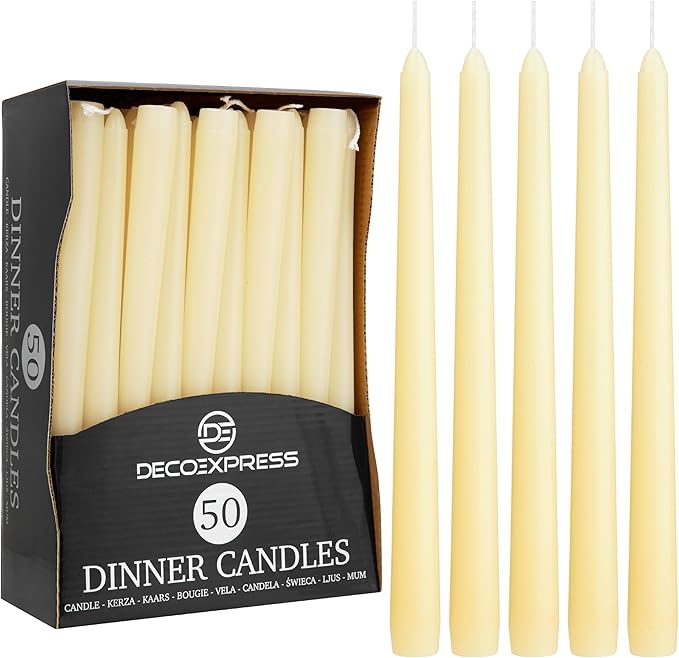 DECO EXPRESS Candles Set, Pack of 50 Classic Dripless Tapered Metallic Dinner Candles, Unscented with 8 Hours Burning Time, Home, Valentine’s Day & Mother’s Day Decor Idea (Ivory, 50 Pack)