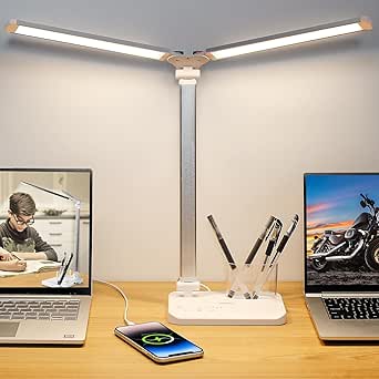 iVict Dual Swing Arm LED Desk Lamps, 5 Light Modes x 10 Brightness Levels Desk Light with USB Charging Port, 45 Minutes Auto Timer Table Lamp, Desk Lamp for Home Office, Bedroom, Reading[Energy Class G]