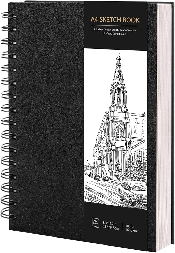 A4 Sketch Book, 60 Sheets Hardcover Spiral Bound Sketch Pad, 160gsm Thick Paper Drawing Pad, A4 Sketchbook for Sketching, Drawing, Pencil & Charcoal, Ideal for Artists, Art Projects