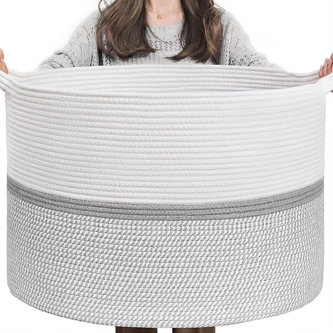 XXXL Extra Large Laundry Basket Cotton Rope Woven Basket Throw Blanket Storage Baskets Living Room with Handle for Clothes Towels Toys Living Room Bedroom Decorative Hamper, 55x35cm, Grey