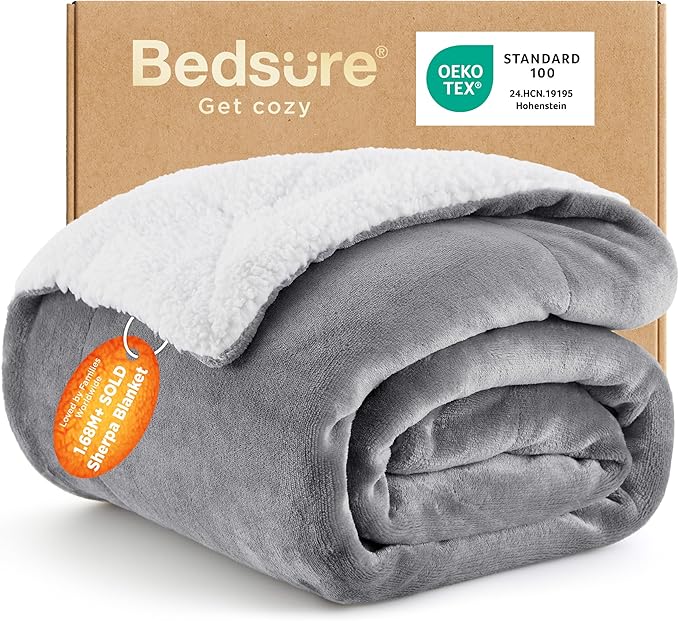 Bedsure Sherpa Fleece Throw Blanket - Fluffy Microfiber Solid Blankets for Bed and Couch Double/Twin Size, Silver Grey, 150x200cm