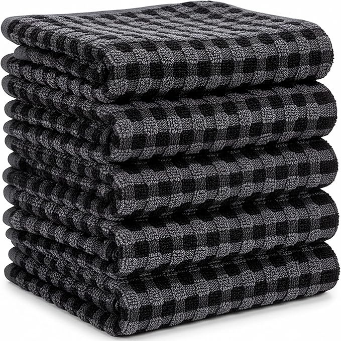 Luxury Popcorn Designed Tea Towels for Kitchen - Large Size 60 x 40 cm - 100% Cotton, Super Absorbent and Durable - Quick Drying Hotel Quality Towels (Grey & Black (Popcorn Design), 5 Pack)
